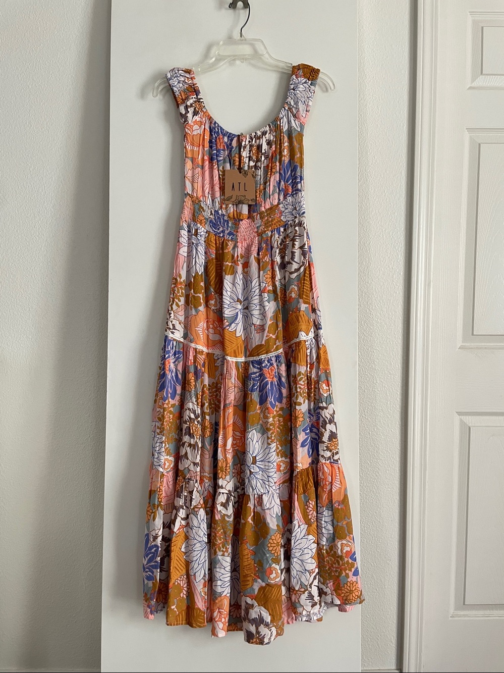 ATL Fit & Flare Wide Scoop Neck Midi Maxi Floral Dress Peach NWT